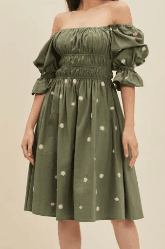Sage green off-shoulder midi dress with daisy embroidery