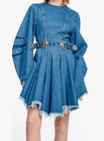 Blue denim mini dress with western buckle belt and frayed hem